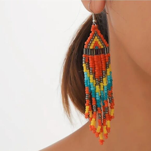 Native American-Style Beaded Tassel Fashion Earrings Orange - Picture 9 of 10